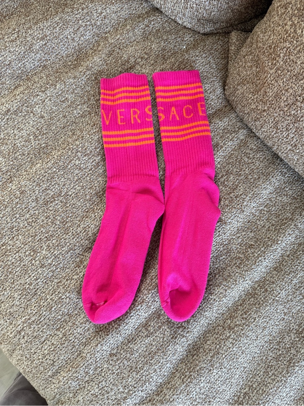 Versace Hot Pink Crew Socks with Orange Logo Stripes